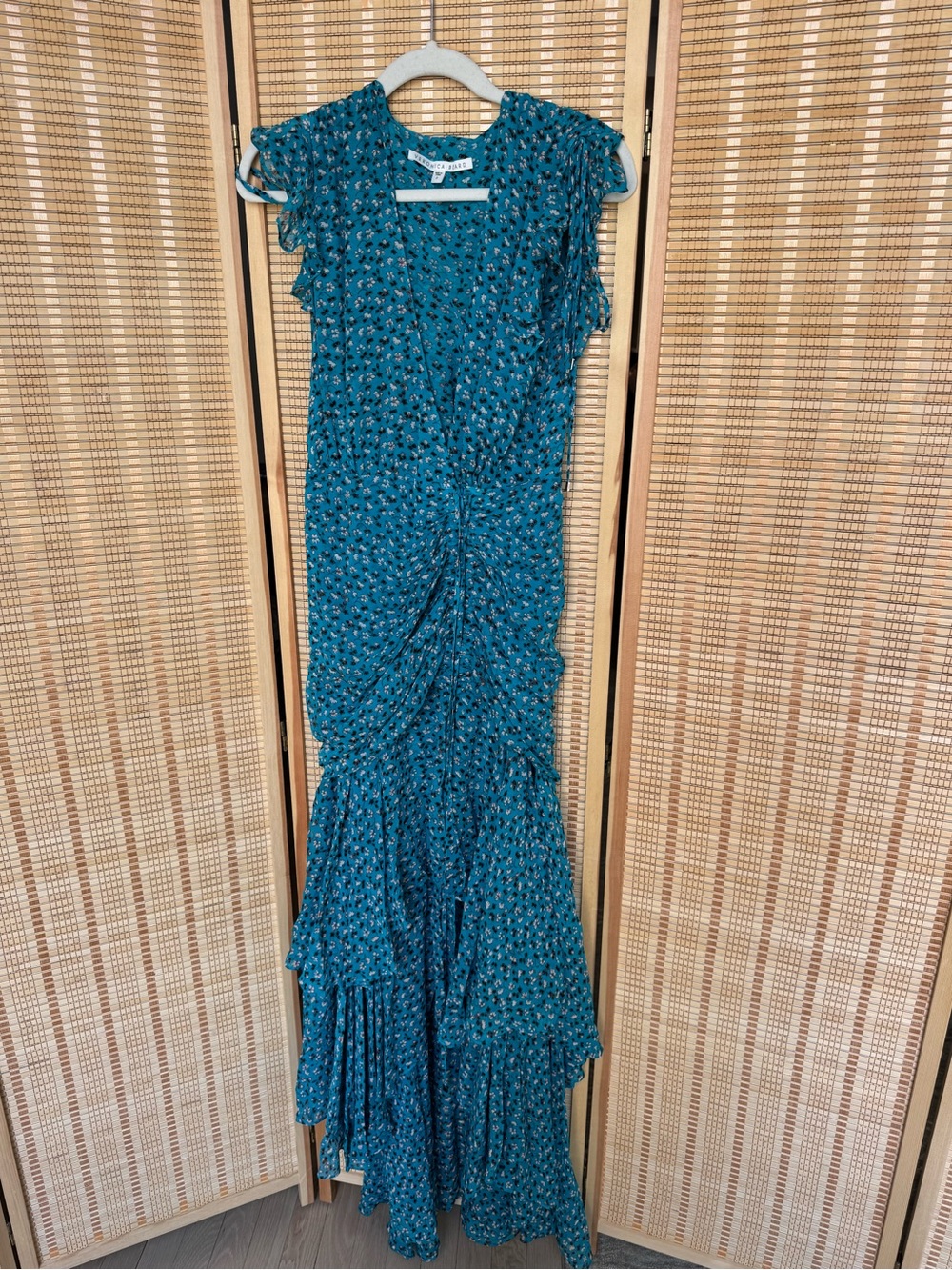 Veronica Beard Teal Floral Ruffle Maxi Dress